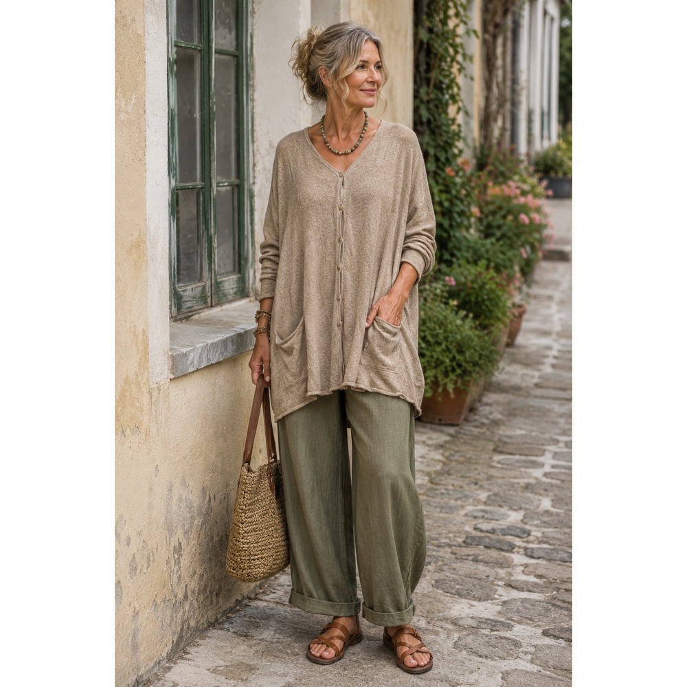 Gudrun Sjoden Beige 100%  Linen Button Front Long Cardigan Sweater LAGENLOOK  XL